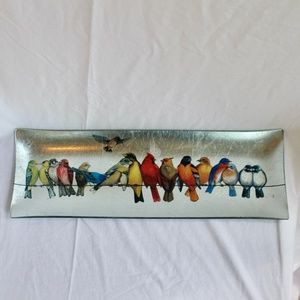 Decorative American Colorful Birds on Fence Line Glass Tray 18 x 6